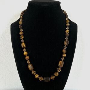 Handmade Tigers Eye + Orange Glass Necklace 18.5in w/ 2in Heart Extender
